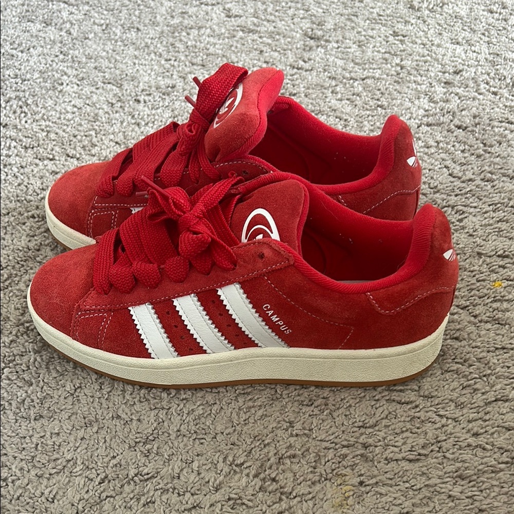 Adidas Red Campus Sneakers with White Stripes in perfect condition